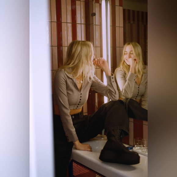 ZARA HOUNDSTOOTH POLO TOP - Picture 2 of 5